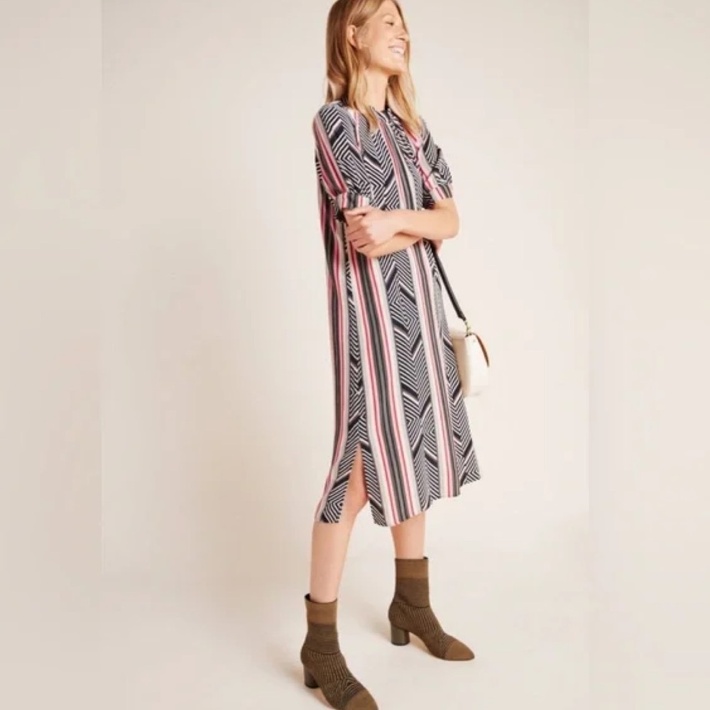 Striped Pink, Tan and Black Midi Dress - Anthropologie - Sheer Layer Only